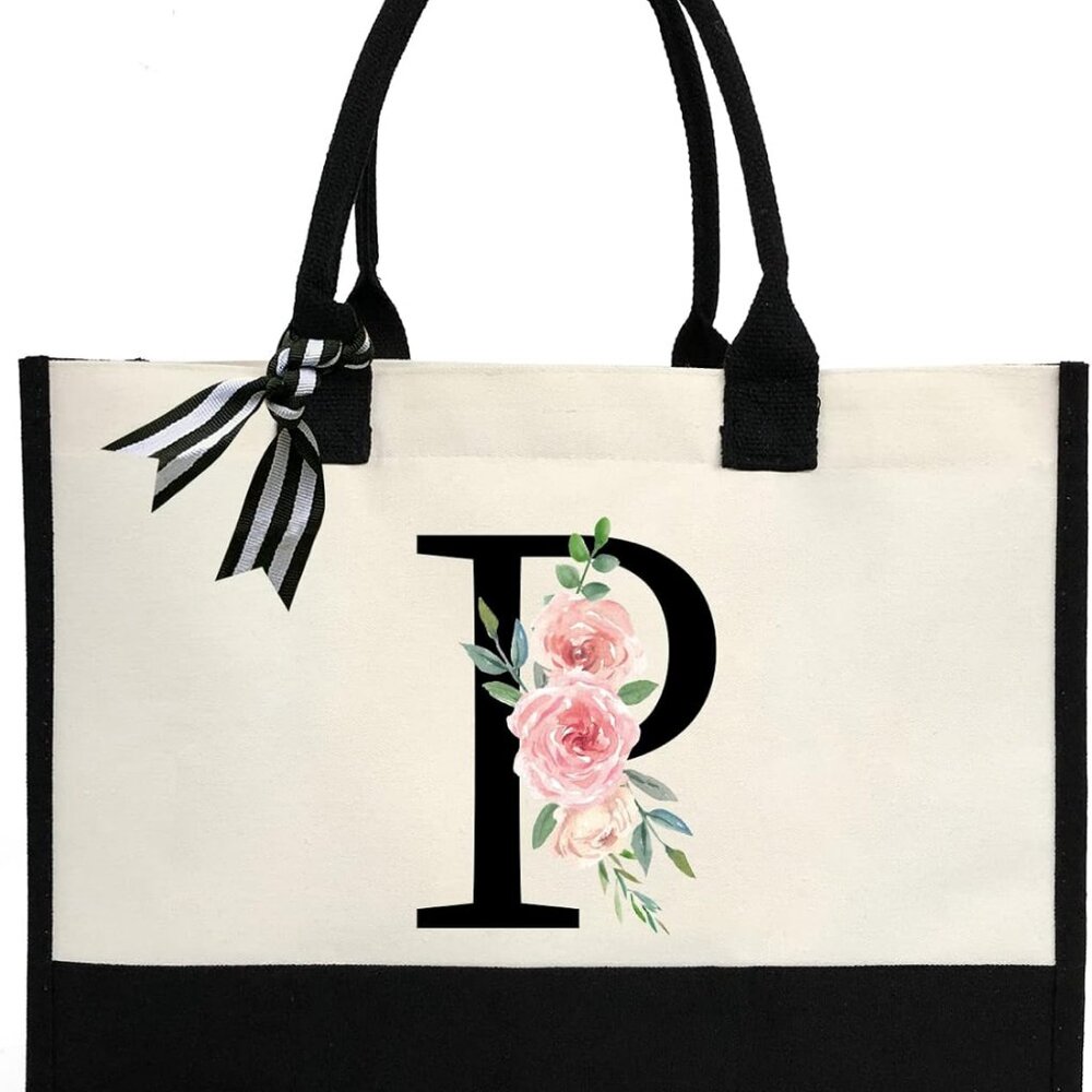 Personalized Initial Canvas Beach Bag, Monogrammed Gift Tote Bag - Letter P